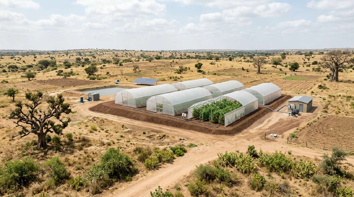 Illustrative climate-controlled greenhouse cultivation in a dry regional landscape.