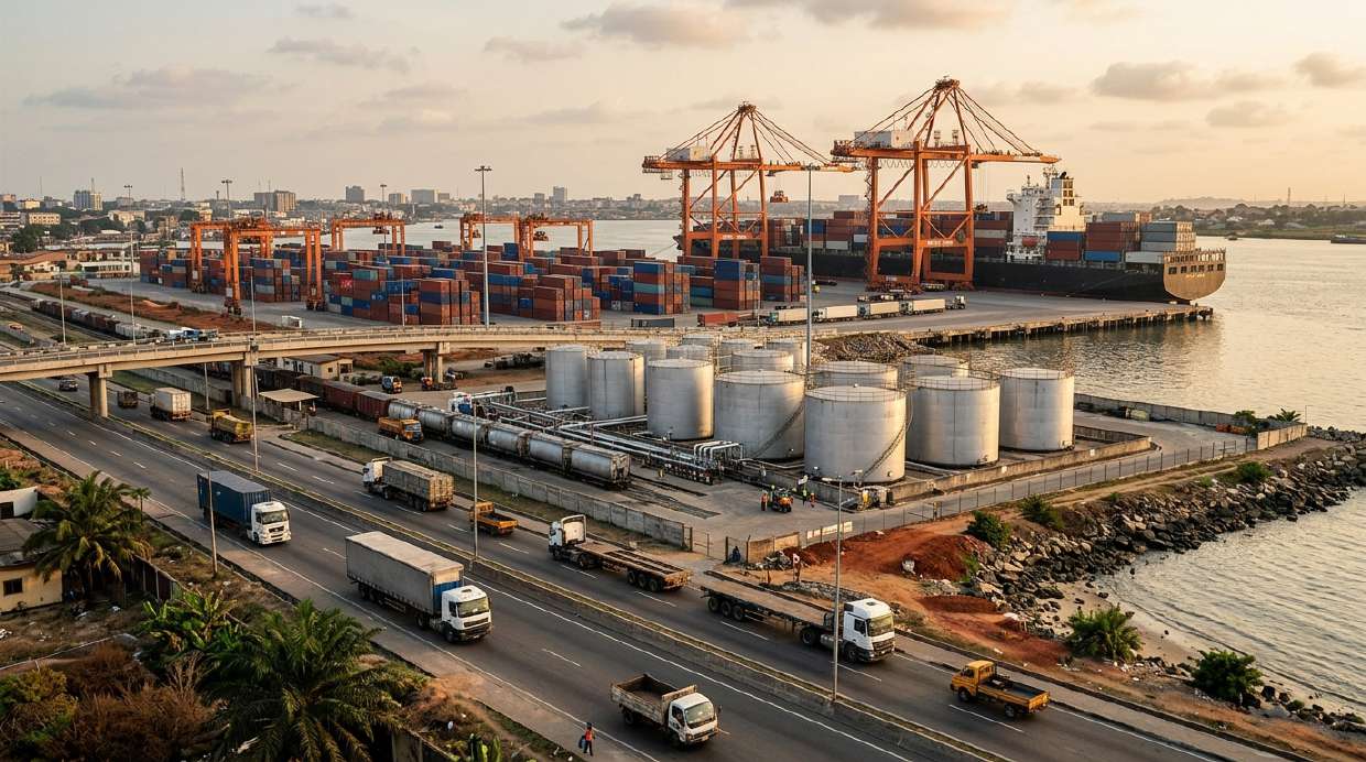 Illustrative coastal port with container handling, storage tanks and road logistics.
