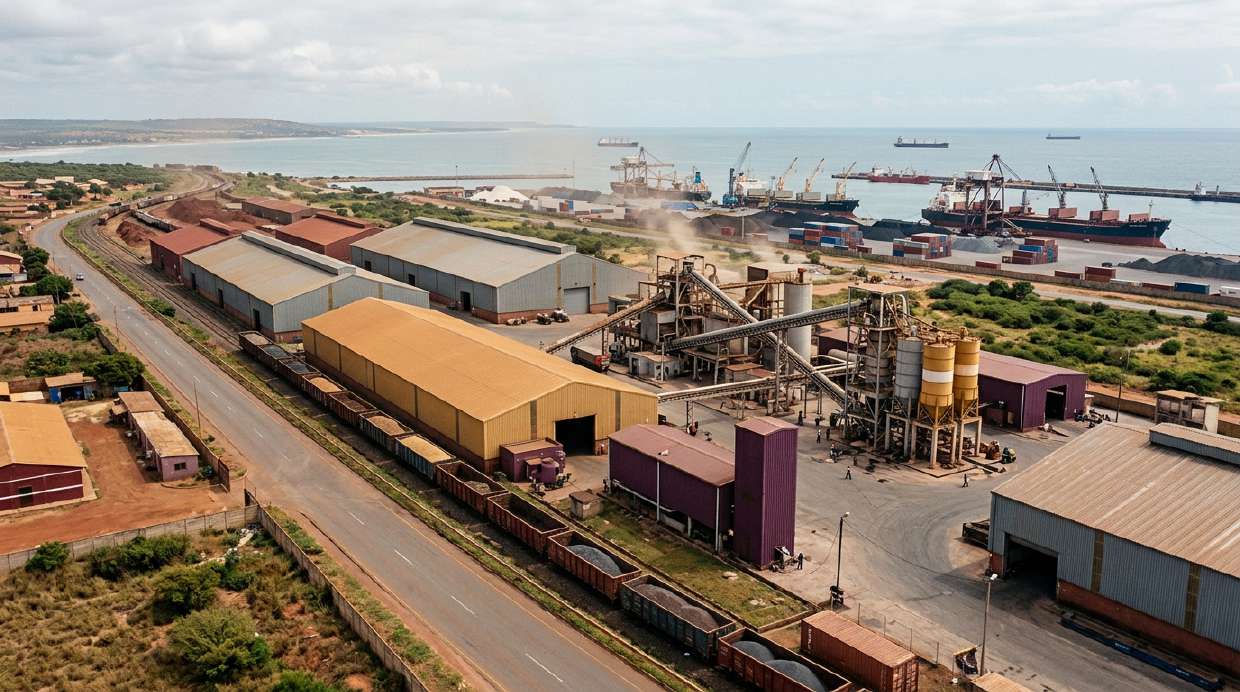 Illustrative industrial, rail and port infrastructure across a coastal corridor.